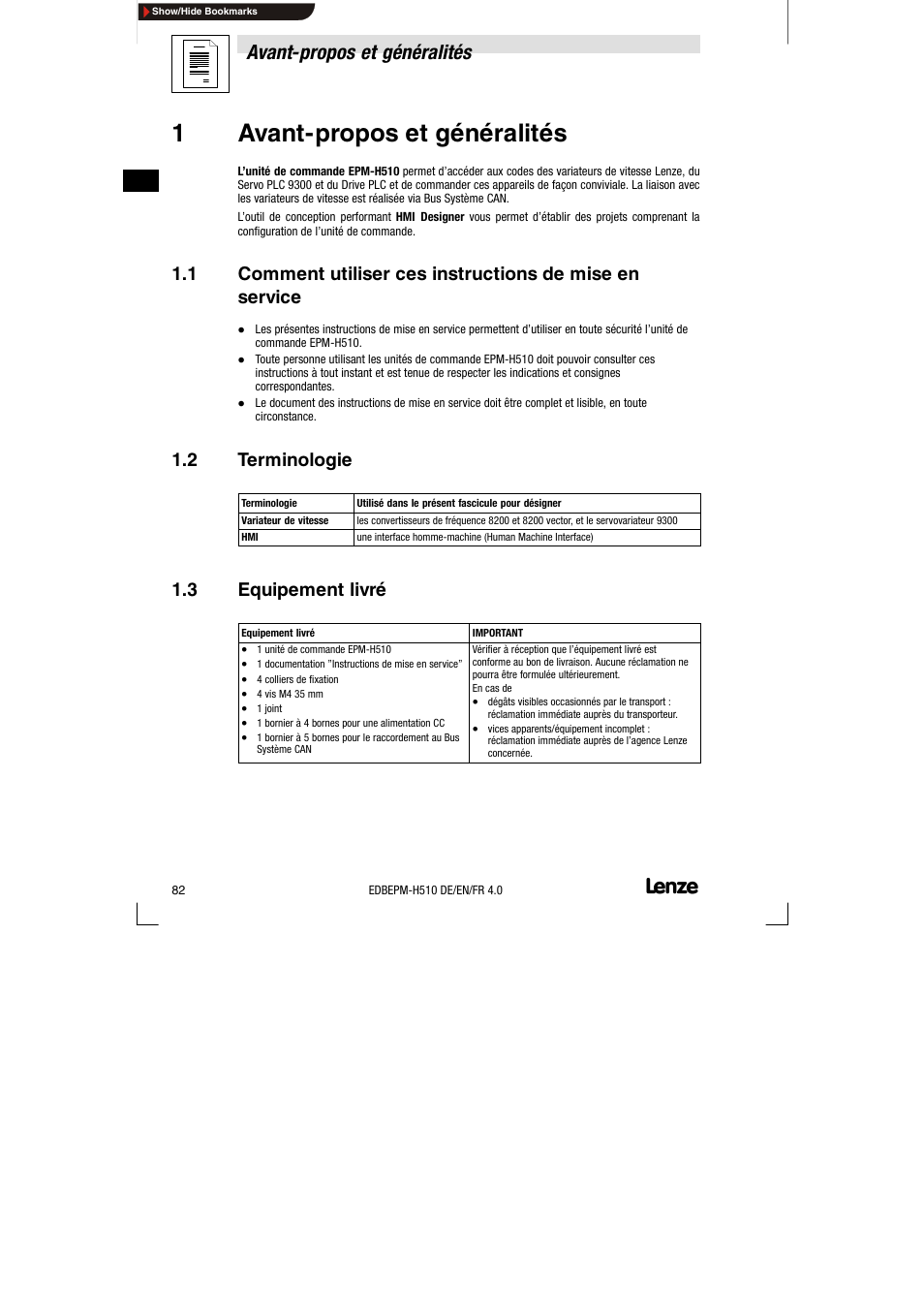 1 avant-propos et généralités, 2 terminologie, 3 equipement livré | Terminologie, Equipement livré, 1avant-propos et généralités, Avant-propos et généralités | Lenze EPM-H510 User Manual | Page 82 / 118