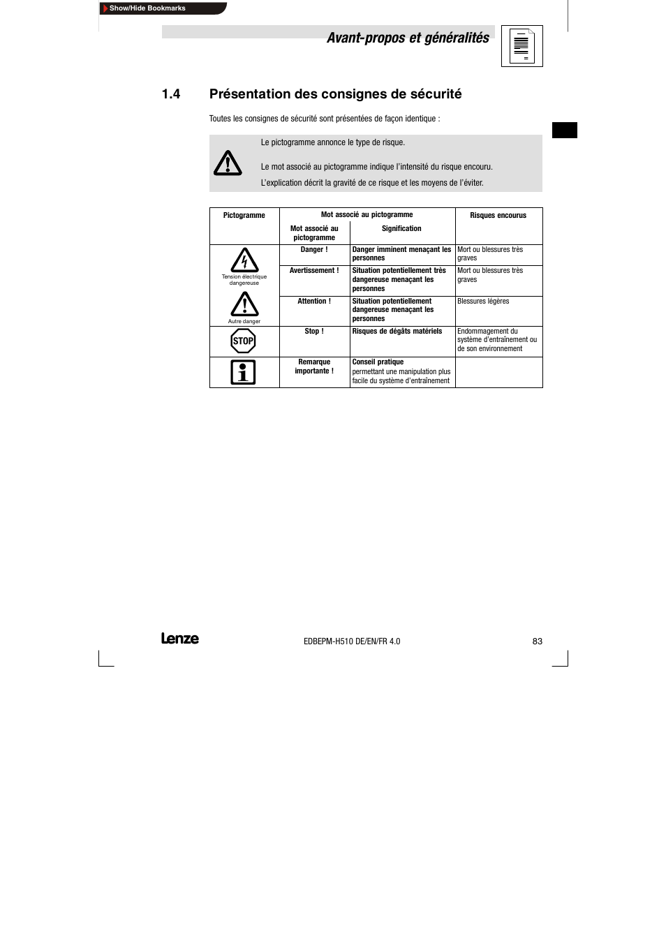 4 présentation des consignes de sécurité, Présentation des consignes de sécurité, Avant-propos et généralités | Lenze EPM-H510 User Manual | Page 83 / 118