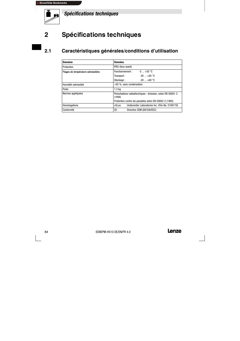 2 spécifications techniques, 2spécifications techniques, Spécifications techniques | Lenze EPM-H510 User Manual | Page 84 / 118