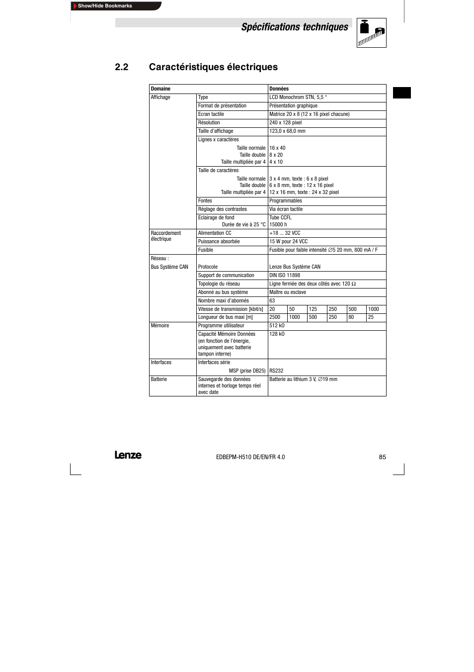 2 caractéristiques électriques, Caractéristiques électriques, Spécifications techniques | Lenze EPM-H510 User Manual | Page 85 / 118