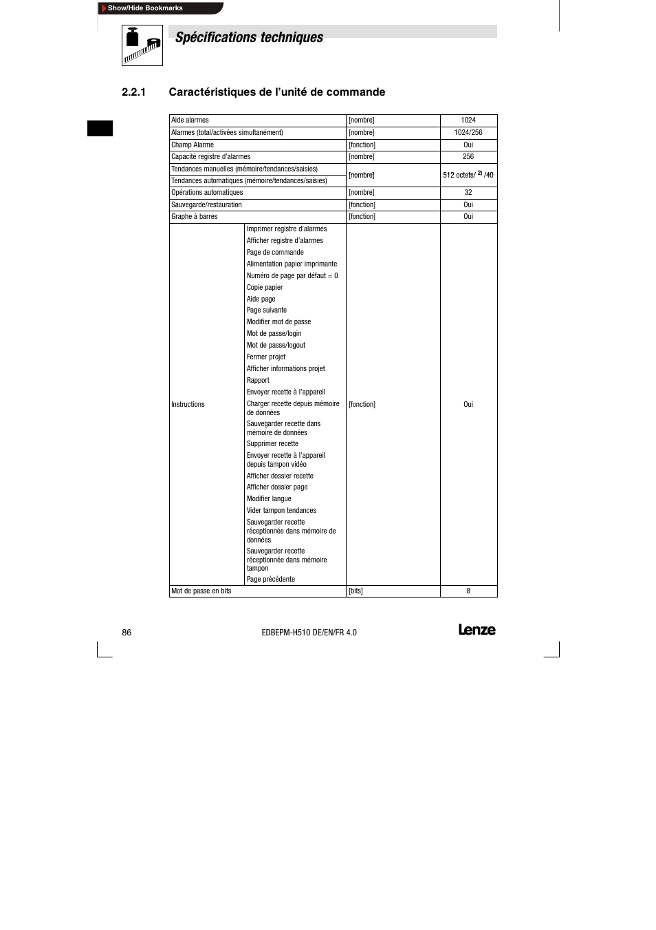 1 caractéristiques de l'unité de commande, Caractéristiques de l’unité de commande, Spécifications techniques | 1 caractéristiques de l’unité de commande | Lenze EPM-H510 User Manual | Page 86 / 118