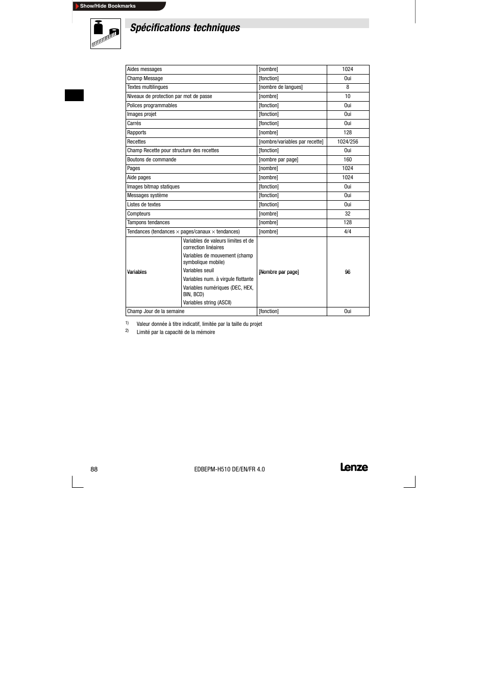 Spécifications techniques | Lenze EPM-H510 User Manual | Page 88 / 118