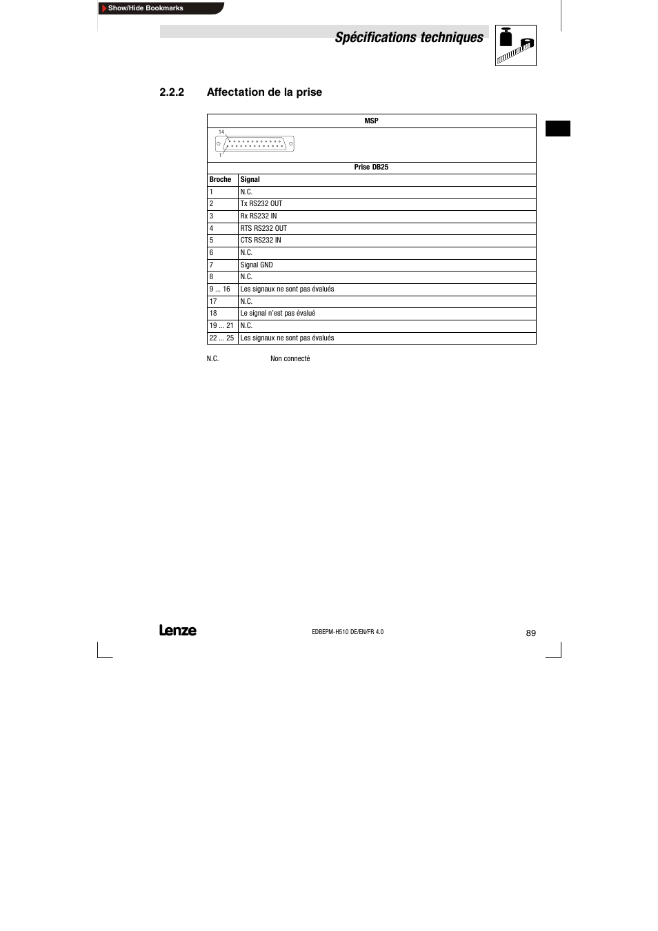 2 affectation de la prise, Affectation de la prise, Spécifications techniques | Lenze EPM-H510 User Manual | Page 89 / 118