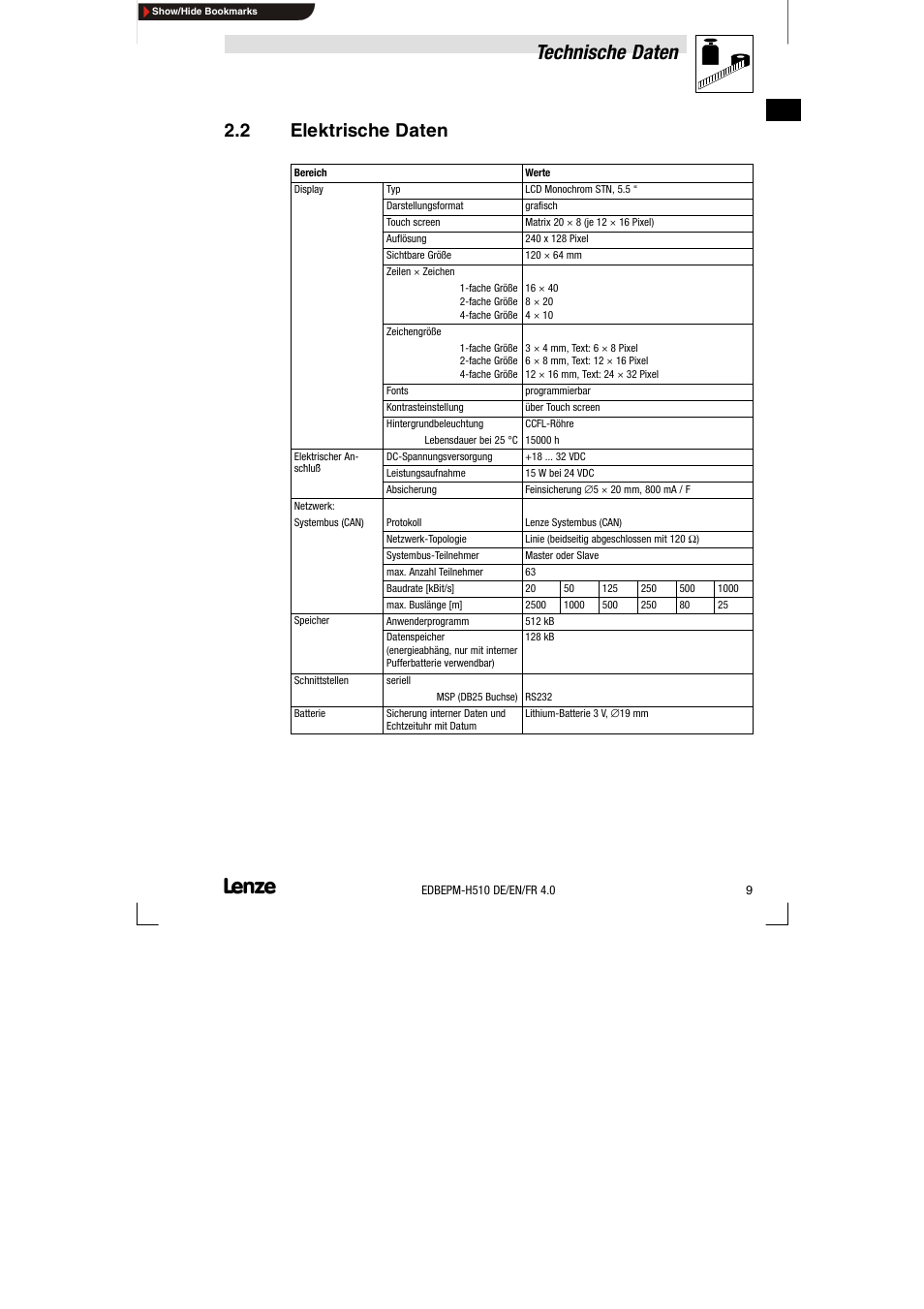2 elektrische daten, Elektrische daten, Technische daten | Lenze EPM-H510 User Manual | Page 9 / 118
