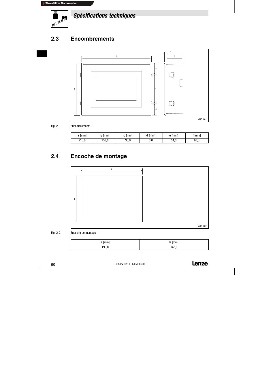 3 encombrements, 4 encoche de montage, Encombrements | Encoche de montage, Spécifications techniques | Lenze EPM-H510 User Manual | Page 90 / 118