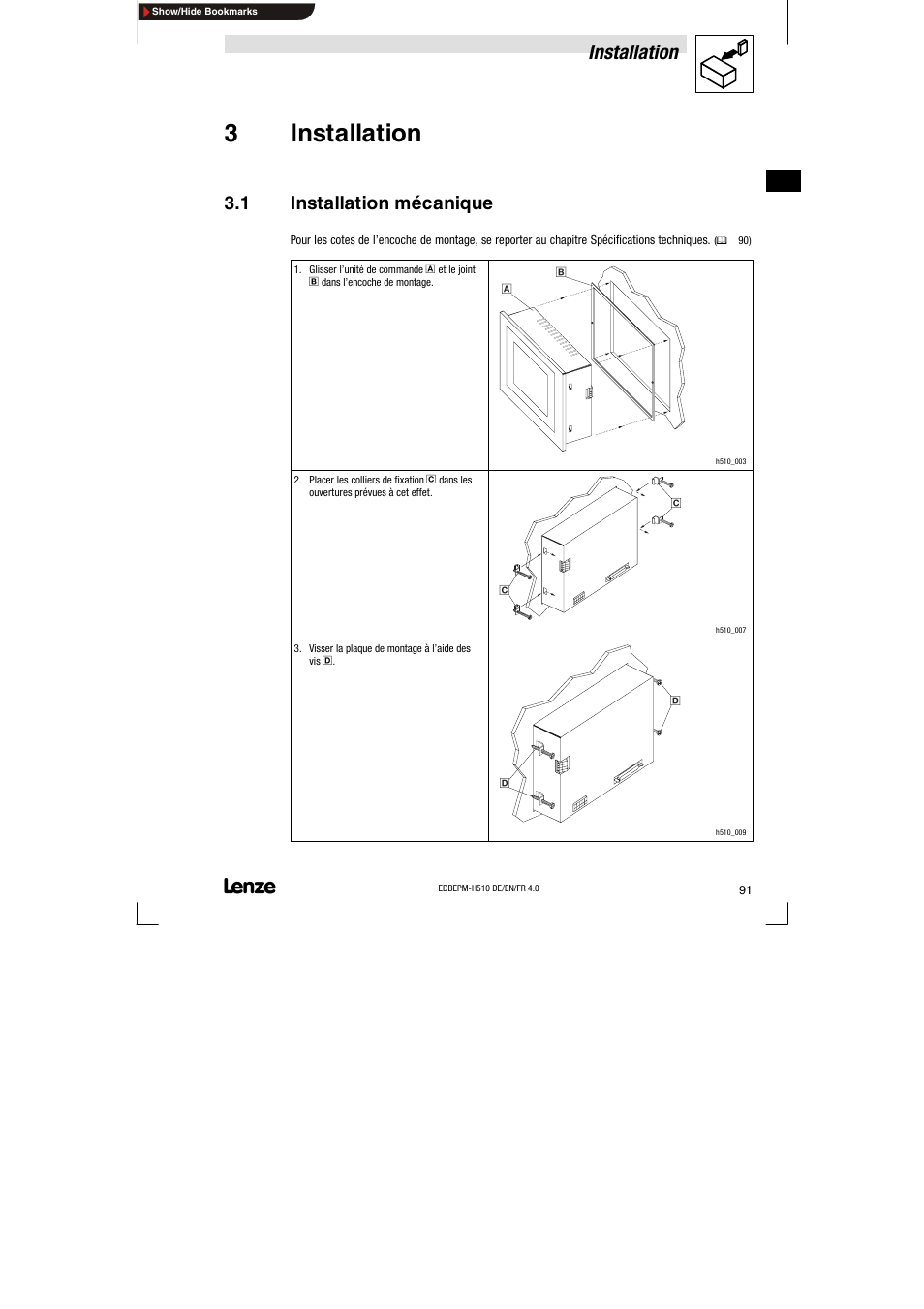 3 installation, 1 installation mécanique, Installation mécanique | 3installation, Installation | Lenze EPM-H510 User Manual | Page 91 / 118