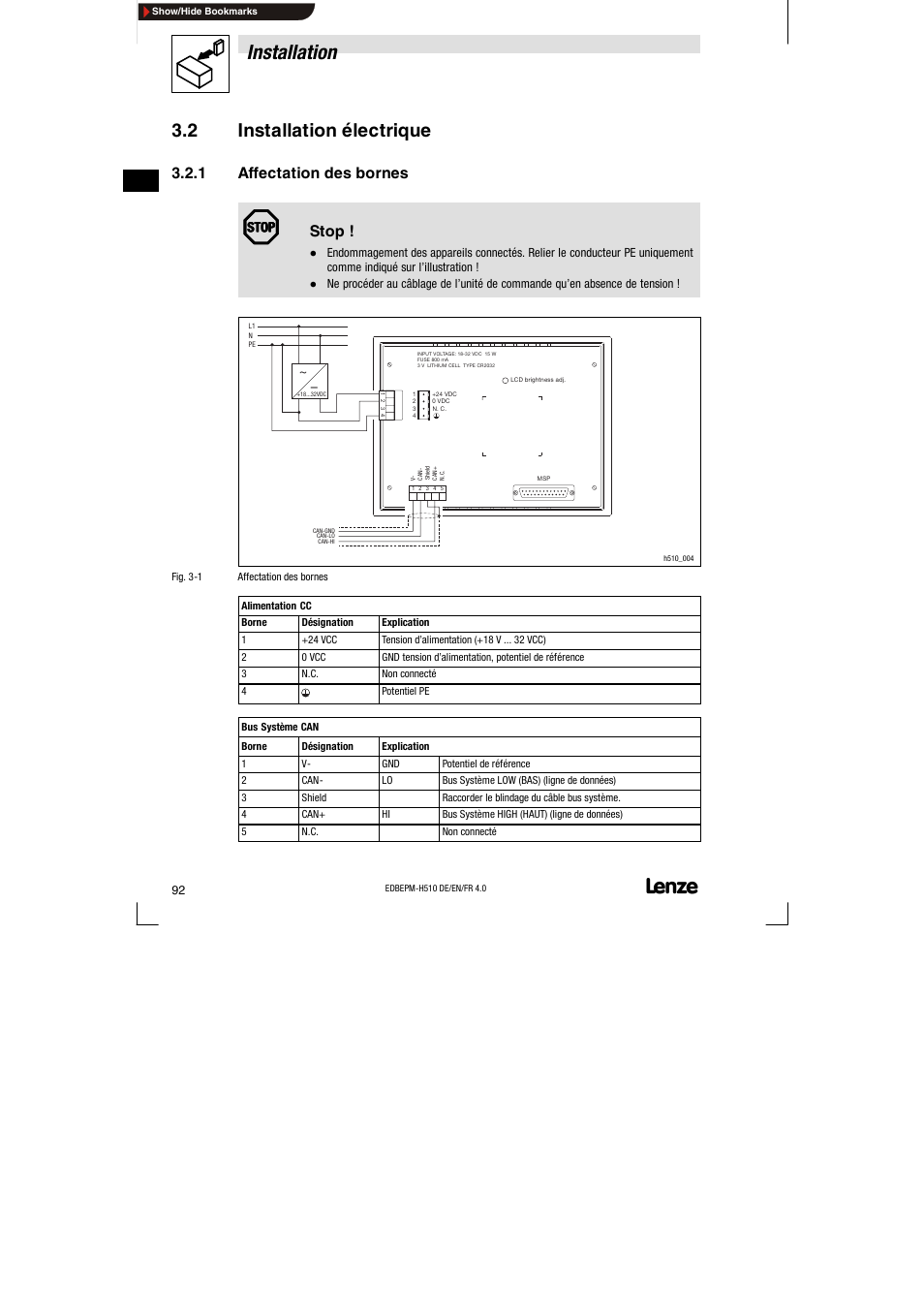 2 installation électrique, 1 affectation des bornes, Installation électrique | Affectation des bornes, Installation, Stop | Lenze EPM-H510 User Manual | Page 92 / 118