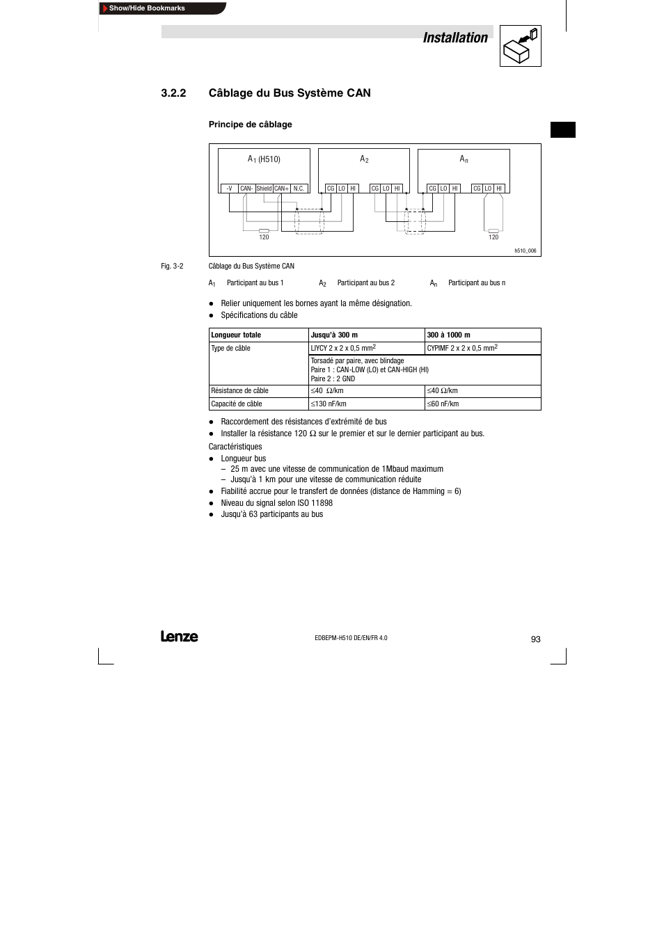 2 câblage du bus système can, Câblage du bus système can, Installation | Lenze EPM-H510 User Manual | Page 93 / 118