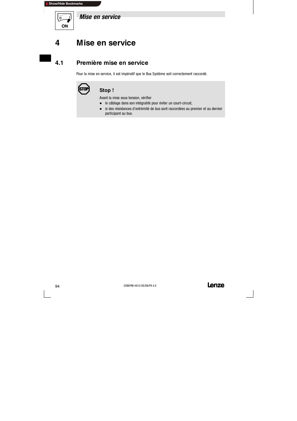4 mise en service, 1 première mise en service, Première mise en service | 4mise en service | Lenze EPM-H510 User Manual | Page 94 / 118
