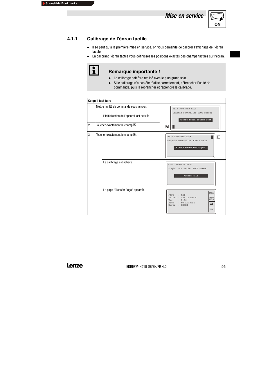 1 calibrage de l'écran tactile, Calibrage de l’écran tactile, Mise en service | Lenze EPM-H510 User Manual | Page 95 / 118