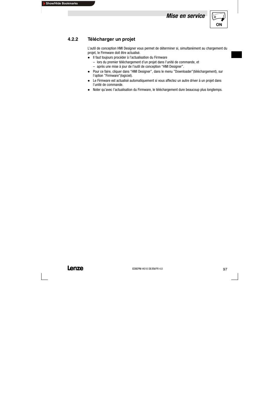 2 télécharger un projet, Télécharger un projet, Mise en service | Lenze EPM-H510 User Manual | Page 97 / 118