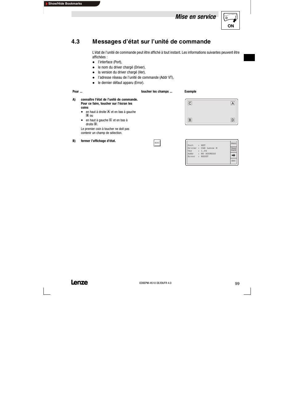 3 messages d'état sur l'unité de commande, Messages d’état sur l’unité de commande, Mise en service | 3 messages d’état sur l’unité de commande | Lenze EPM-H510 User Manual | Page 99 / 118