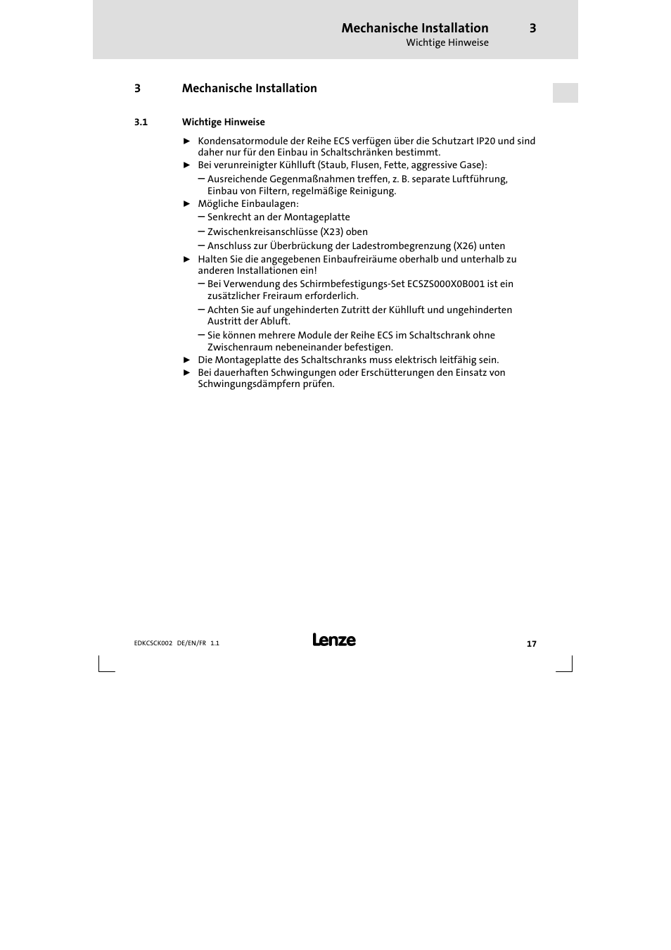 3 mechanische installation, 1 wichtige hinweise, Mechanische installation | Wichtige hinweise | Lenze ECSCKxxx User Manual | Page 17 / 90