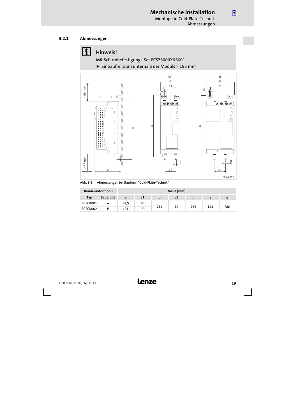1 abmessungen, Abmessungen, Mechanische installation | Hinweis | Lenze ECSCKxxx User Manual | Page 19 / 90