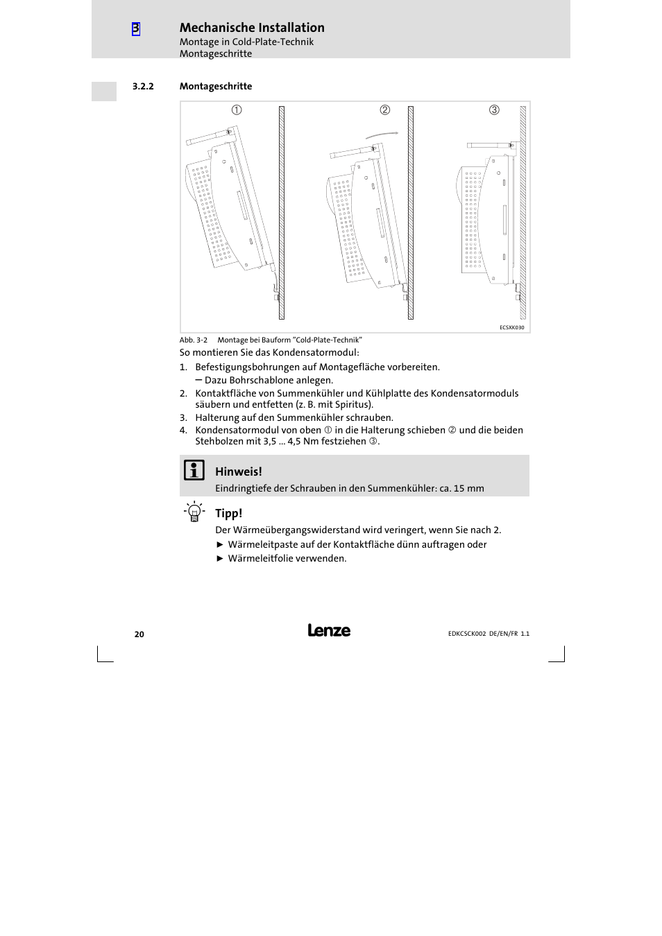 2 montageschritte, Montageschritte | Lenze ECSCKxxx User Manual | Page 20 / 90