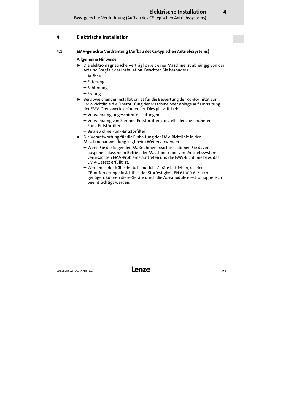 4 elektrische installation, Elektrische installation | Lenze ECSCKxxx User Manual | Page 21 / 90