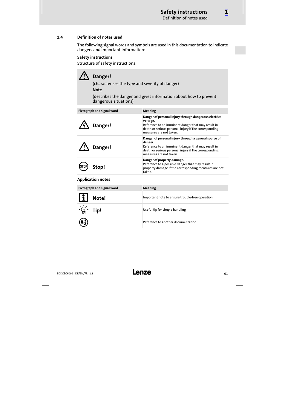 4 definition of notes used, Definition of notes used | Lenze ECSCKxxx User Manual | Page 41 / 90