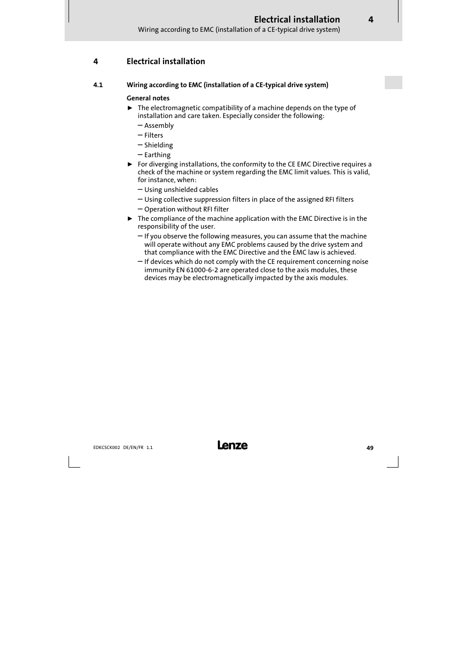 4 electrical installation, Electrical installation | Lenze ECSCKxxx User Manual | Page 49 / 90