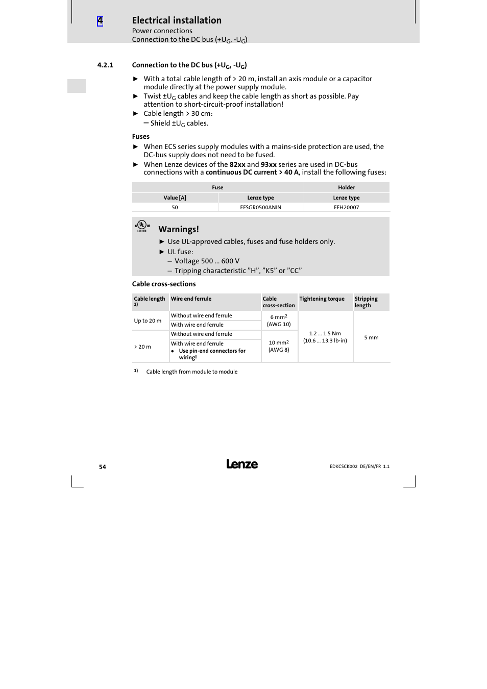 1 connection to the dc bus (+ug, -ug), Connection to the dc bus (+ug, −ug), Electrical installation | Warnings | Lenze ECSCKxxx User Manual | Page 54 / 90