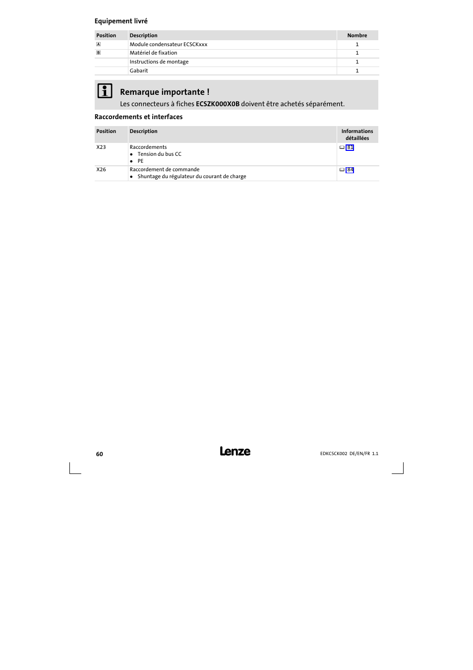 Equipement livré, Raccordements et interfaces, Remarque importante | Lenze ECSCKxxx User Manual | Page 60 / 90