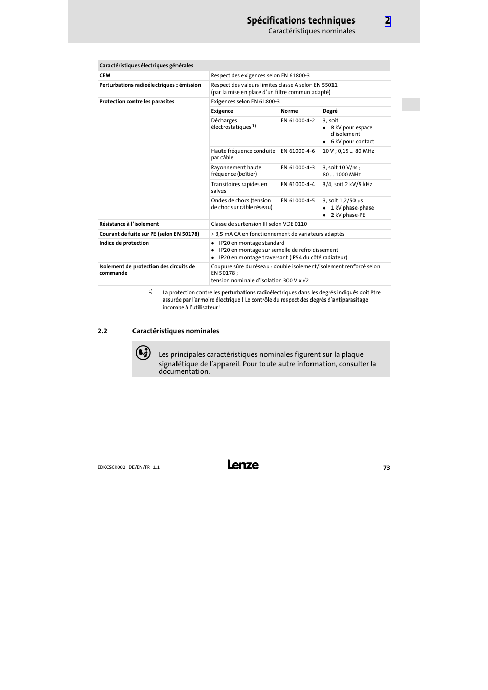 2 caractéristiques nominales, Caractéristiques nominales, Spécifications techniques | Lenze ECSCKxxx User Manual | Page 73 / 90