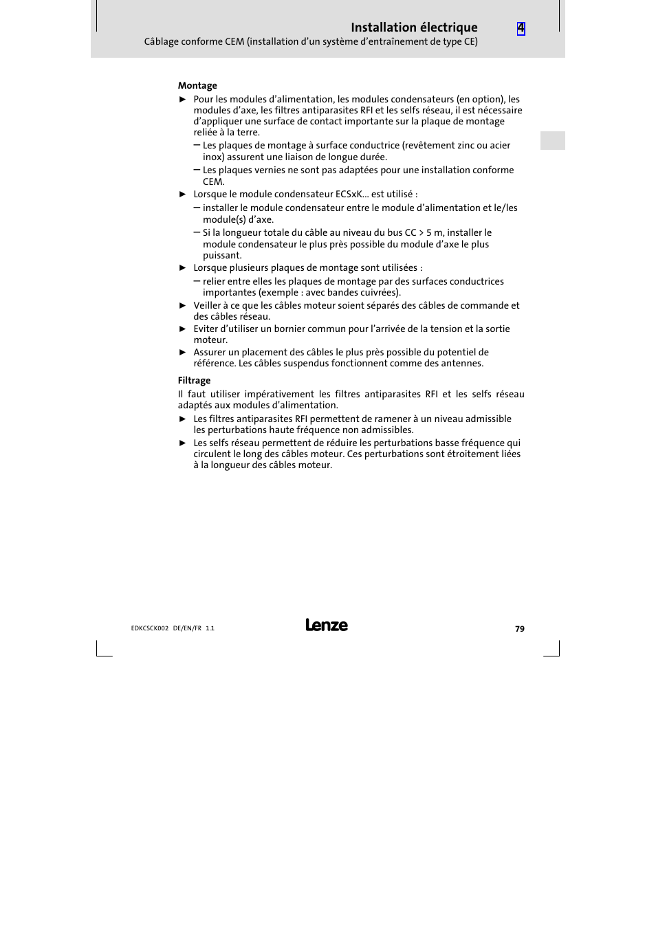 Installation électrique | Lenze ECSCKxxx User Manual | Page 79 / 90