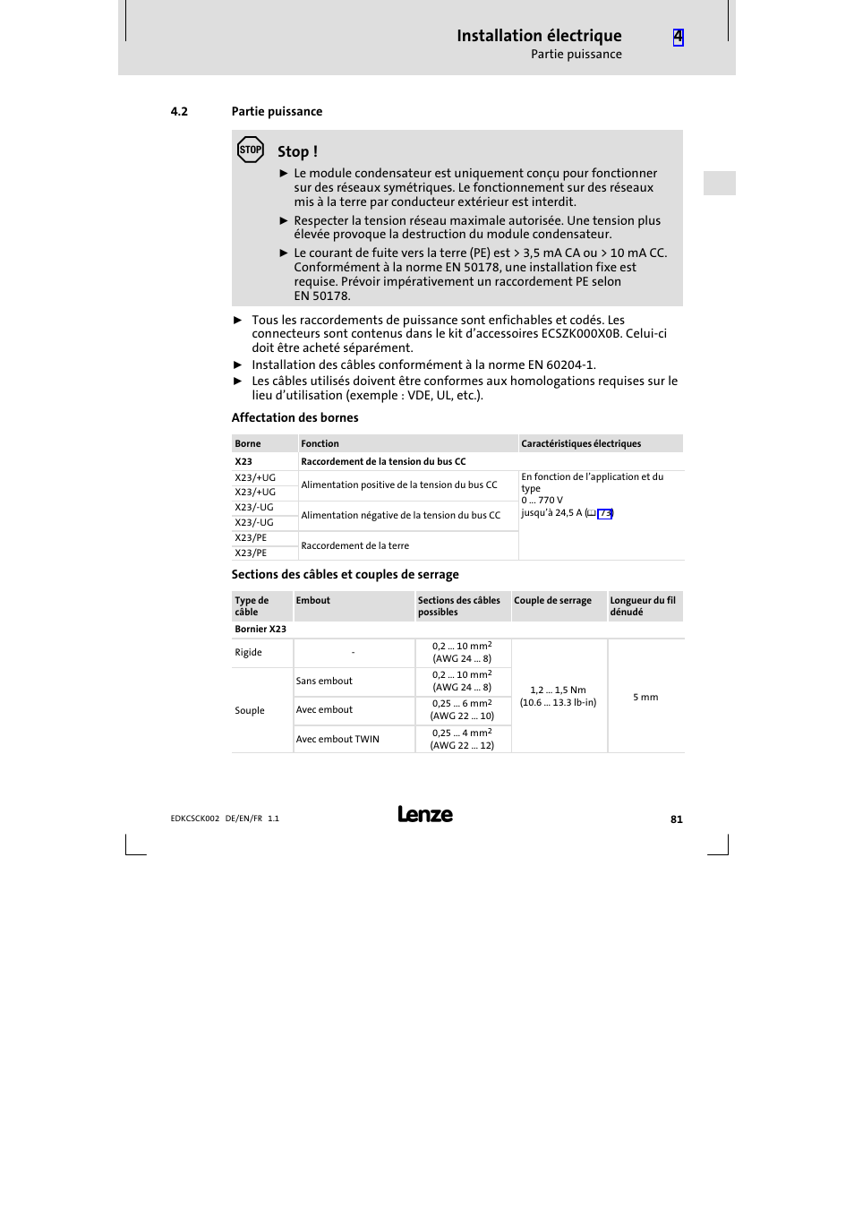 2 partie puissance, Partie puissance, Installation électrique | Stop | Lenze ECSCKxxx User Manual | Page 81 / 90