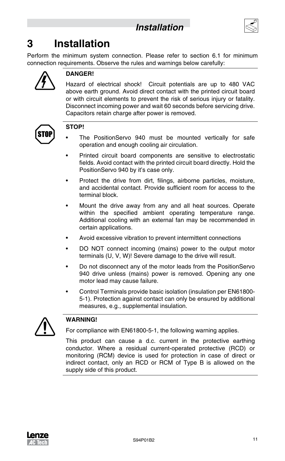 3 installation, 3installation, Installation | Lenze S94P01B2 User Manual | Page 13 / 76