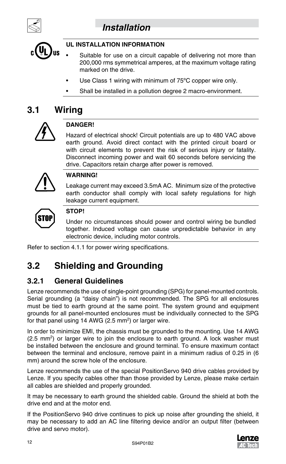 1 wiring, 2 shielding and grounding, 1 general guidelines | Installation | Lenze S94P01B2 User Manual | Page 14 / 76