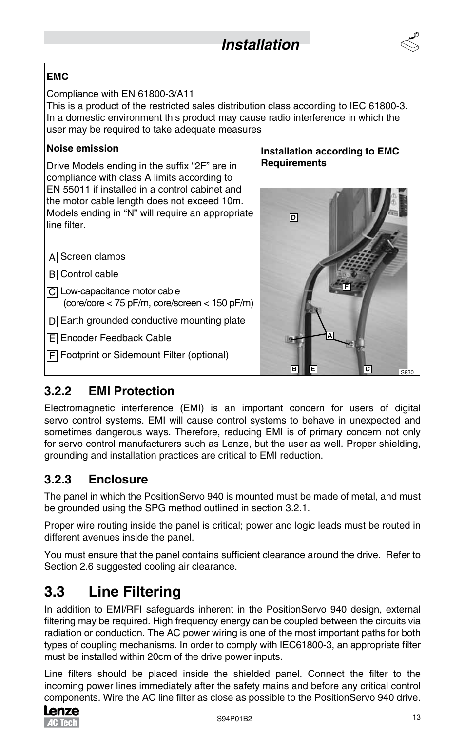 2 emi protection, 3 enclosure, 3 line filtering | Installation | Lenze S94P01B2 User Manual | Page 15 / 76