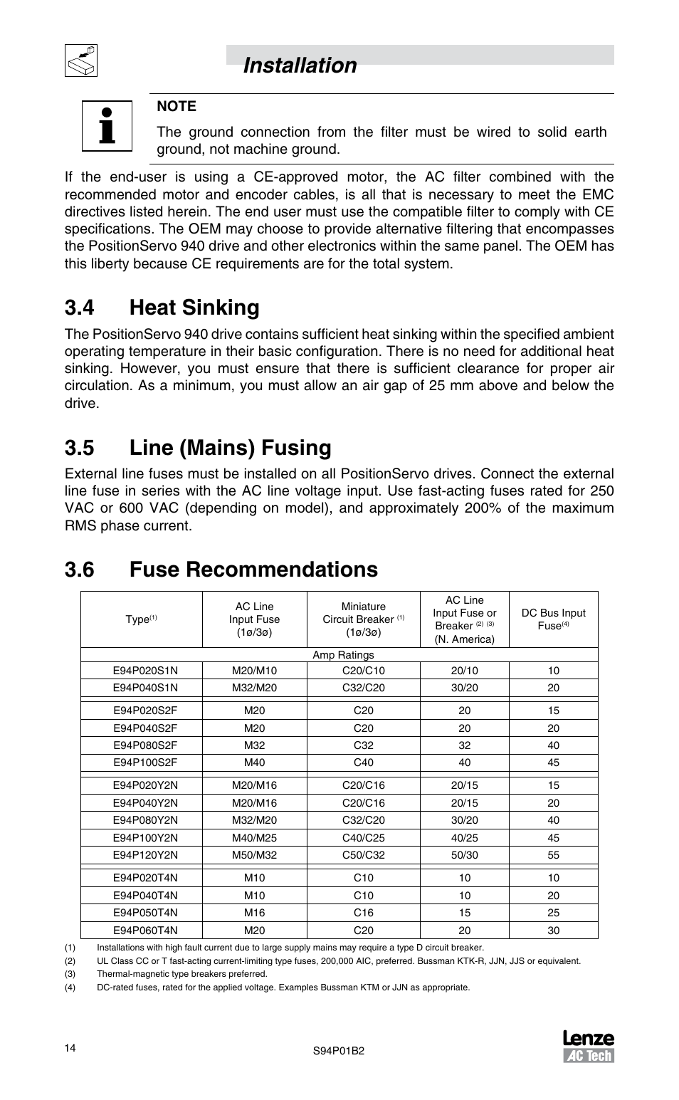 4 heat sinking, 5 line (mains) fusing, 6 fuse recommendations | Installation | Lenze S94P01B2 User Manual | Page 16 / 76