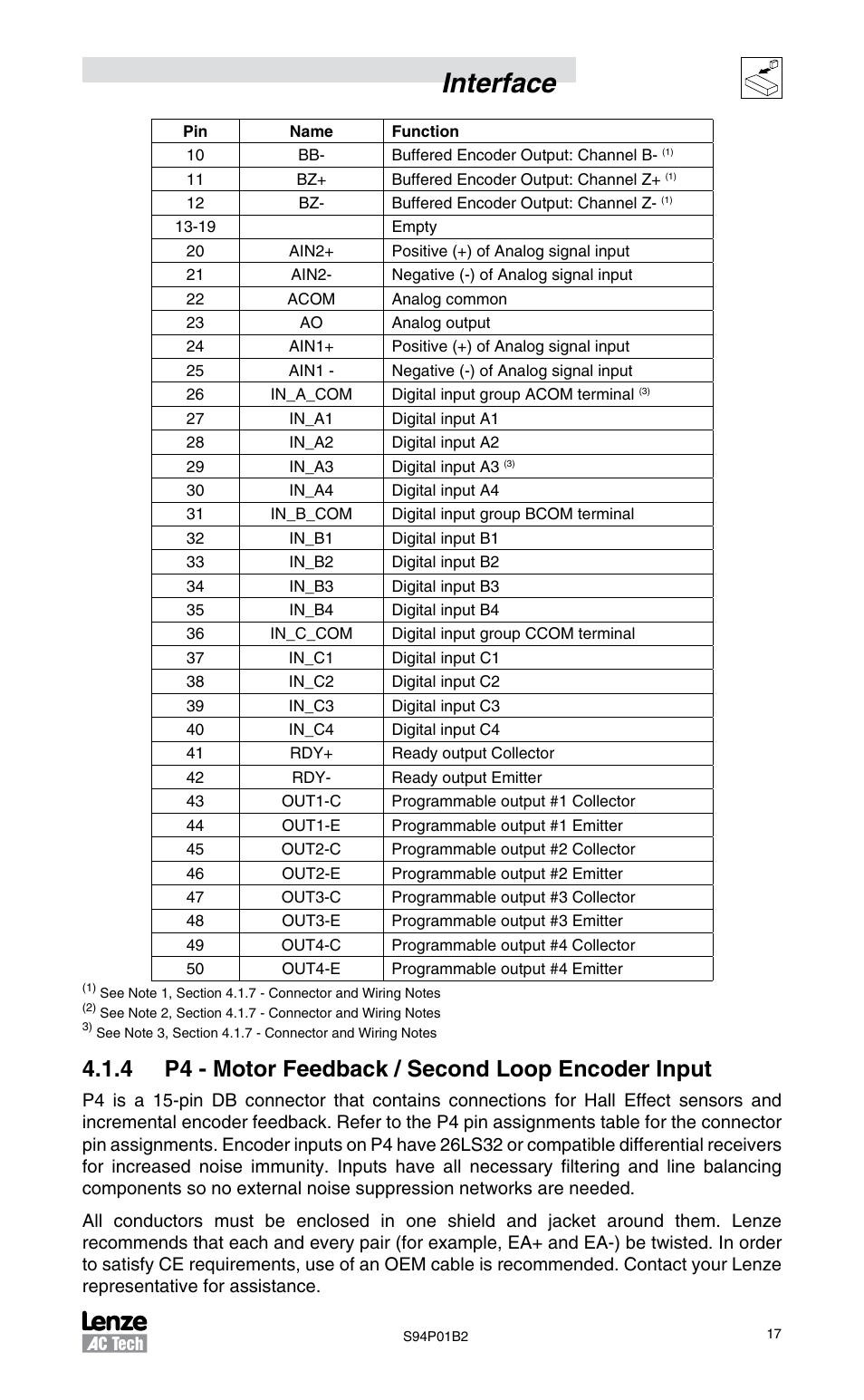 4 p4 - motor feedback / second loop encoder input, Interface | Lenze S94P01B2 User Manual | Page 19 / 76