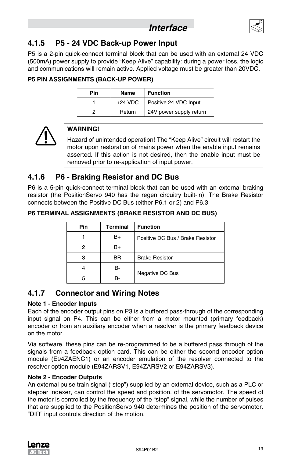 5 p5 - 24 vdc back-up power input, 6 p6 - braking resistor and dc bus, 7 connector and wiring notes | Interface | Lenze S94P01B2 User Manual | Page 21 / 76