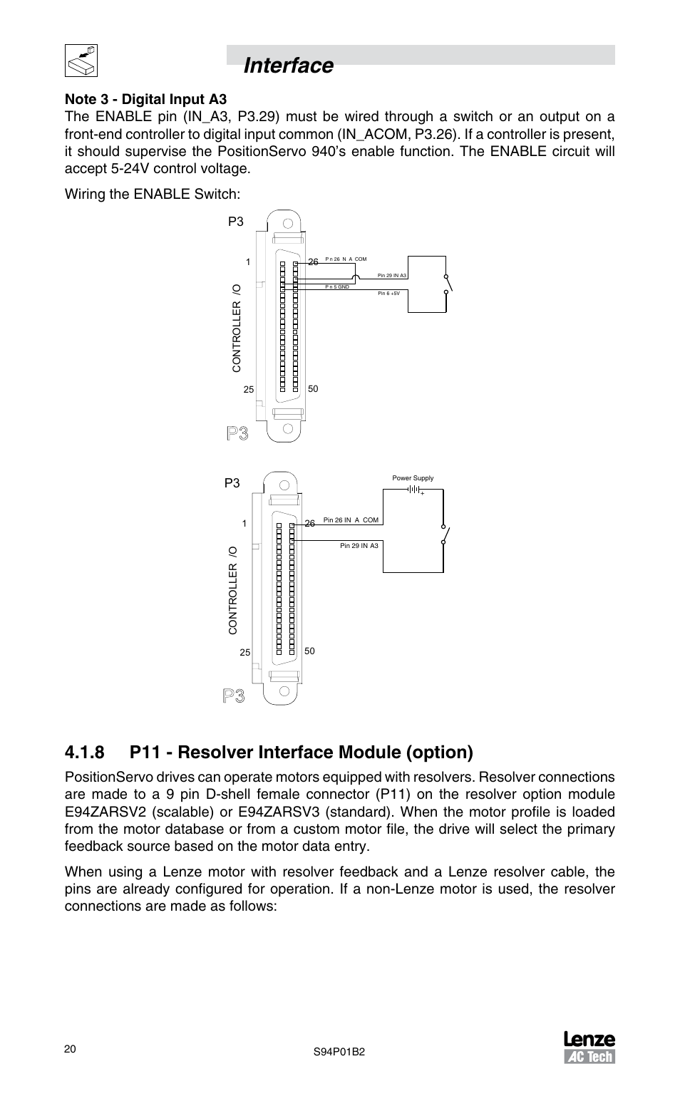 8 p11 - resolver interface module (option), Interface | Lenze S94P01B2 User Manual | Page 22 / 76