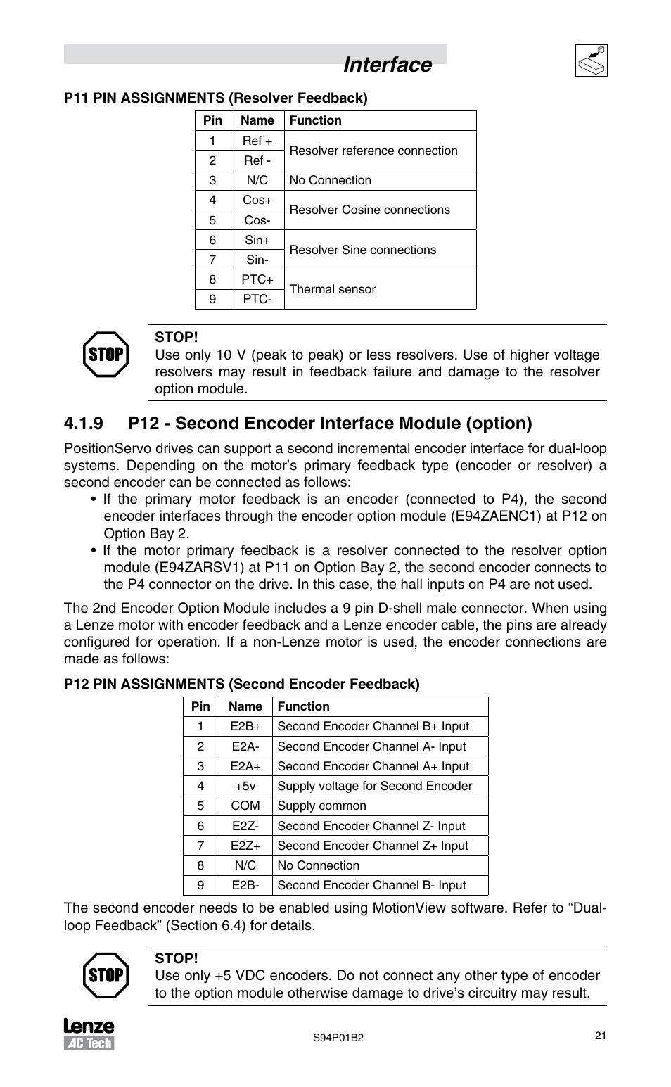 9 p12 - second encoder interface module (option), Interface | Lenze S94P01B2 User Manual | Page 23 / 76