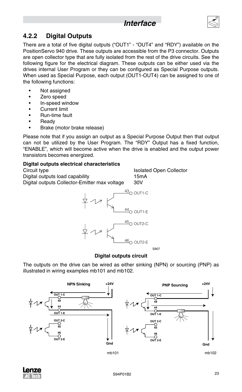 2 digital outputs, Interface | Lenze S94P01B2 User Manual | Page 25 / 76