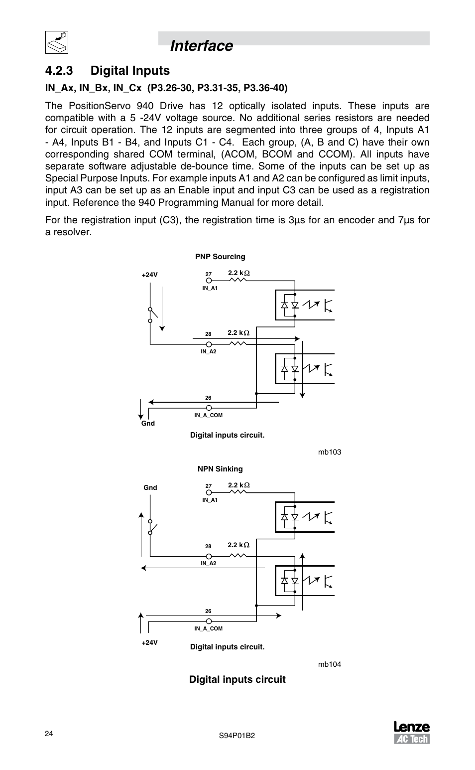 3 digital inputs, Interface, Digital inputs circuit | Lenze S94P01B2 User Manual | Page 26 / 76