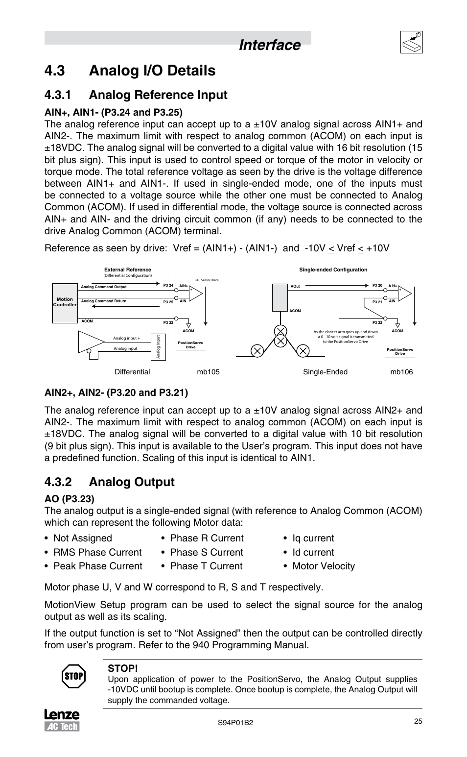 3 analog i/o details, 1 analog reference input, 2 analog output | Interface 4.3 analog i/o details | Lenze S94P01B2 User Manual | Page 27 / 76