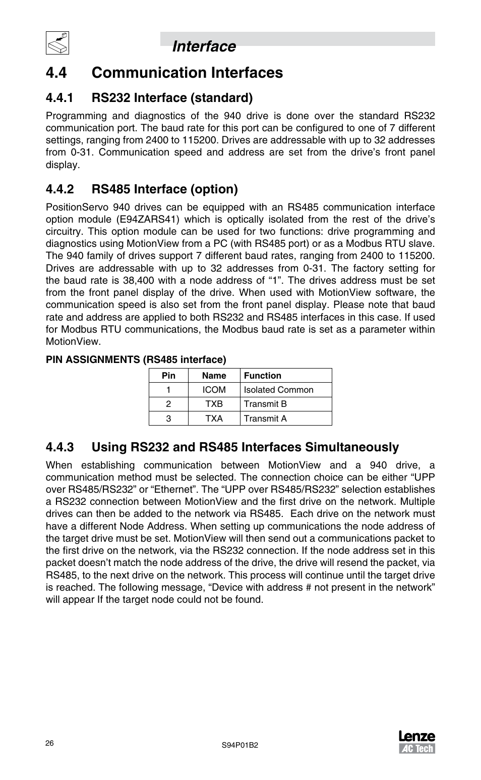 4 communication interfaces, 1 rs232 interface (standard), 2 rs485 interface (option) | 3 using rs232 and rs485 interfaces simultaneously, Interface 4.4 communication interfaces | Lenze S94P01B2 User Manual | Page 28 / 76