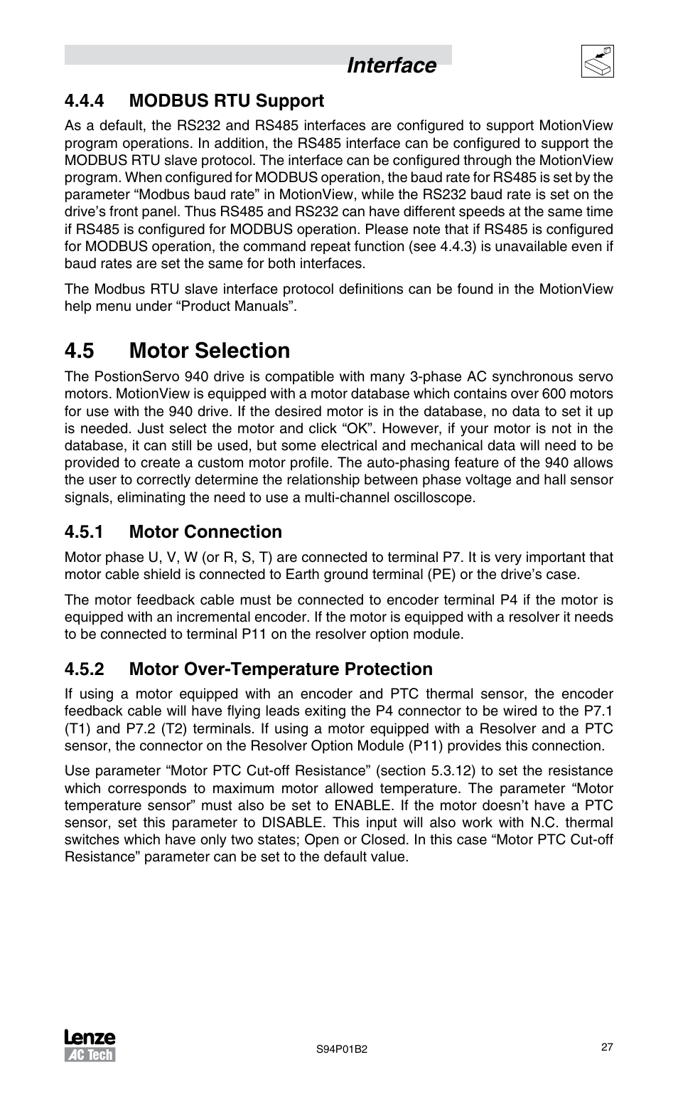 4 modbus rtu support, 5 motor selection, 1 motor connection | 2 motor over-temperature protection, Interface | Lenze S94P01B2 User Manual | Page 29 / 76