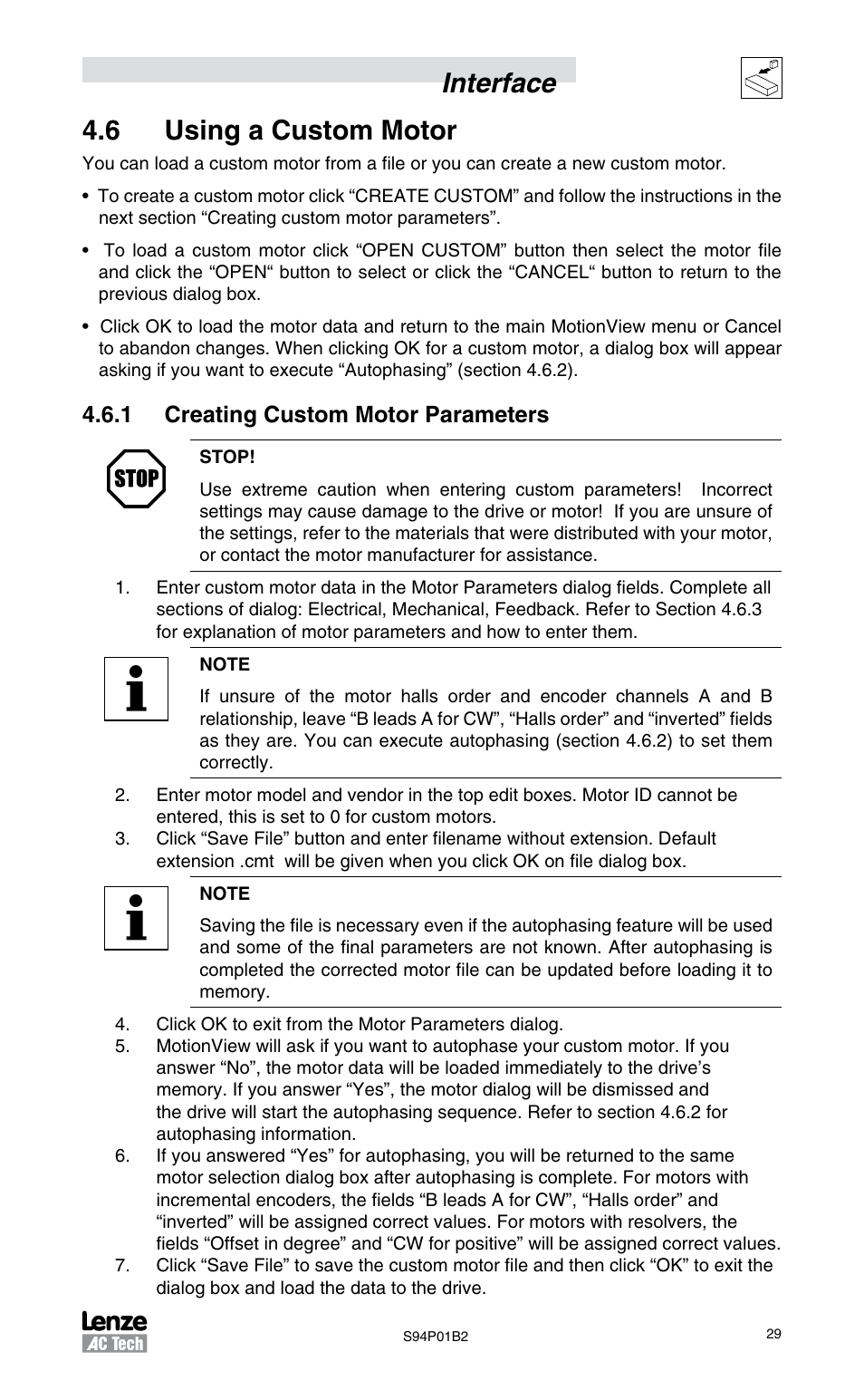 6 using a custom motor, 1 creating custom motor parameters, Interface 4.6 using a custom motor | Lenze S94P01B2 User Manual | Page 31 / 76