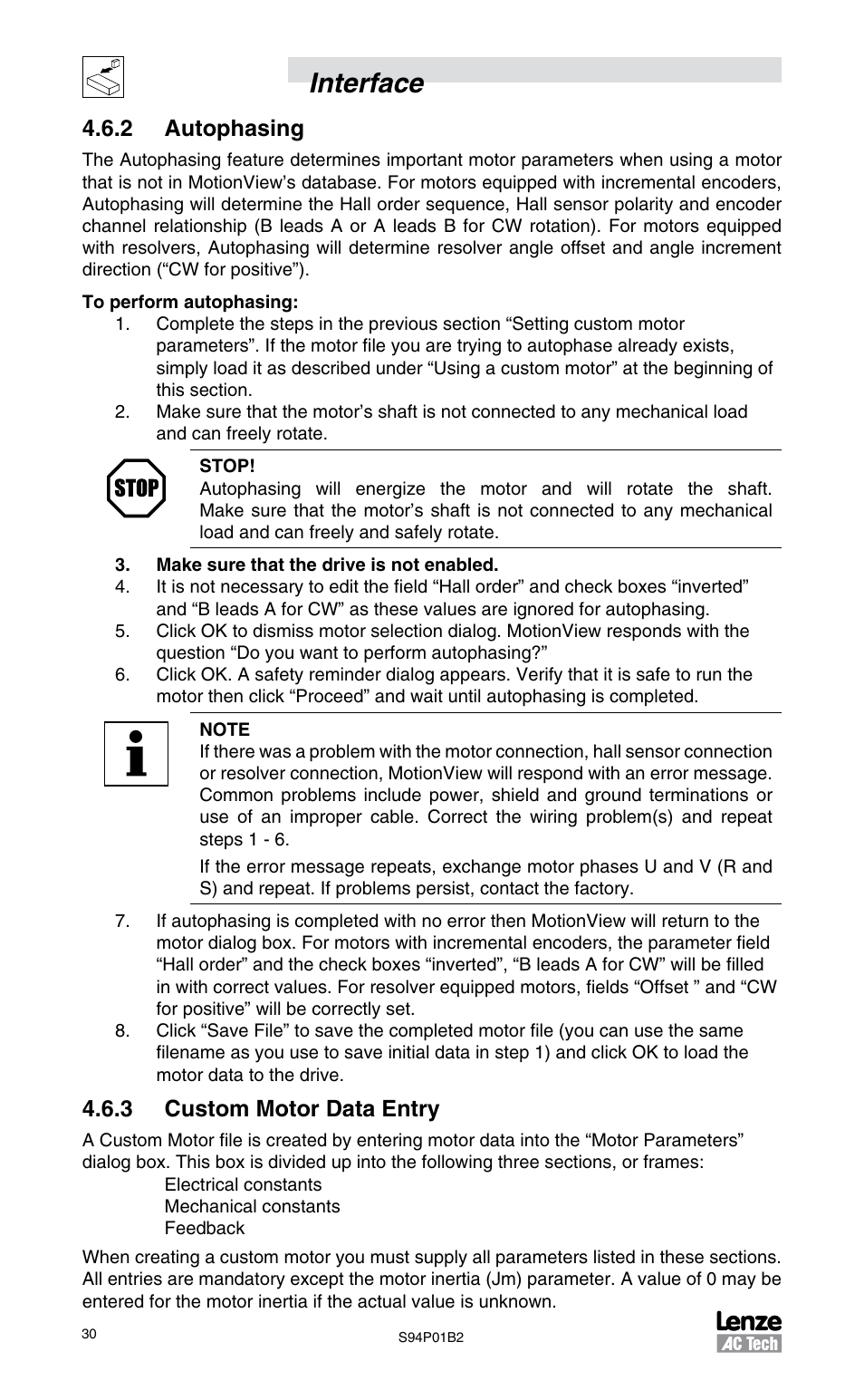 2 autophasing, 3 custom motor data entry, Interface | Lenze S94P01B2 User Manual | Page 32 / 76