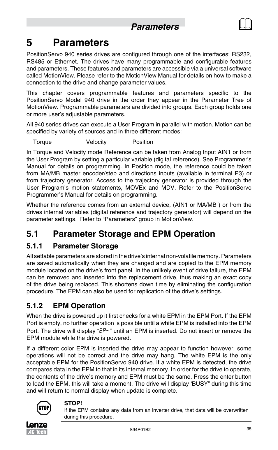 5 parameters, 1 parameter storage and epm operation, 1 parameter storage | 2 epm operation, 5parameters, Parameters | Lenze S94P01B2 User Manual | Page 37 / 76