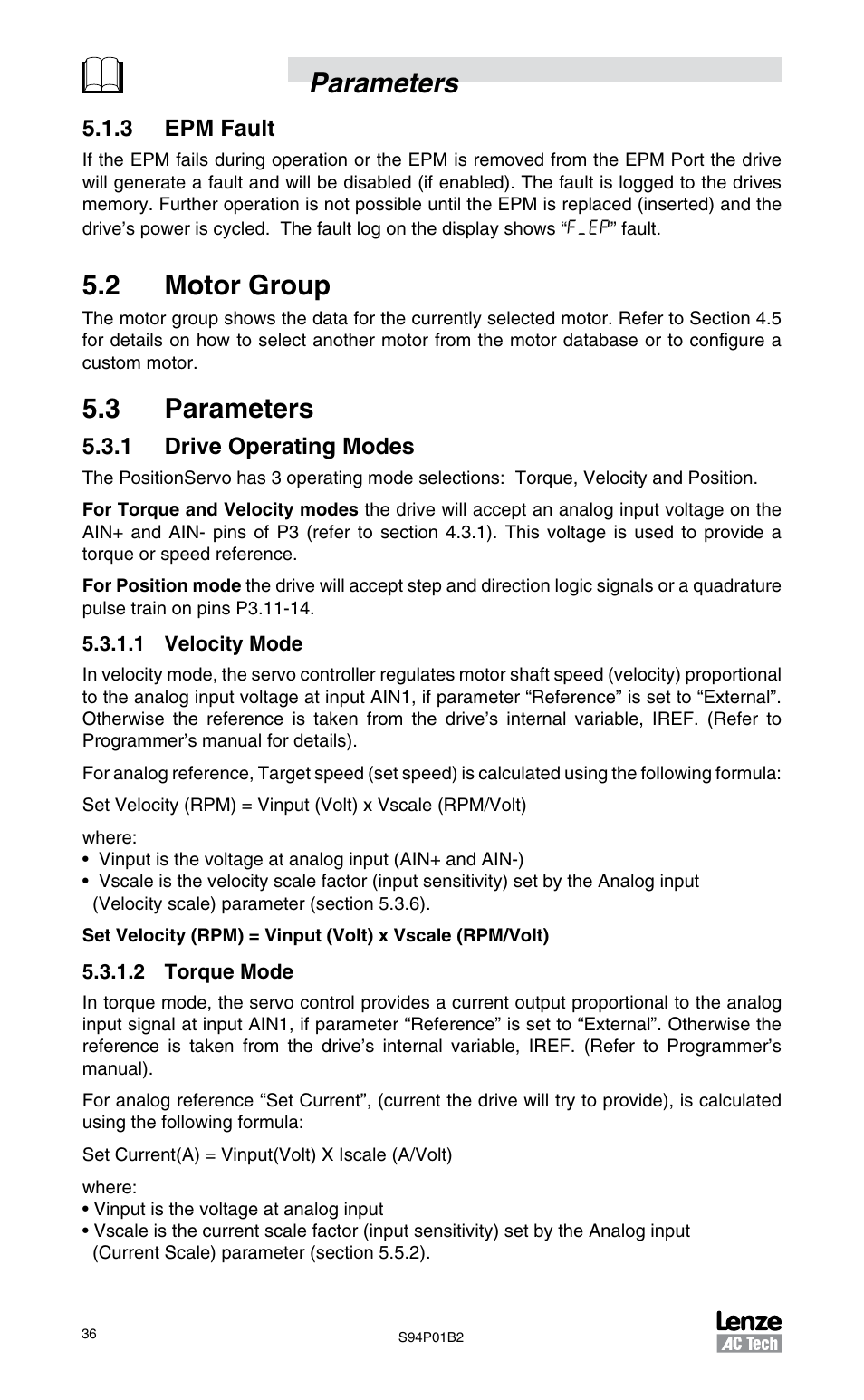 3 epm fault, 2 motor group, 3 parameters | 1 drive operating modes, Parameters | Lenze S94P01B2 User Manual | Page 38 / 76