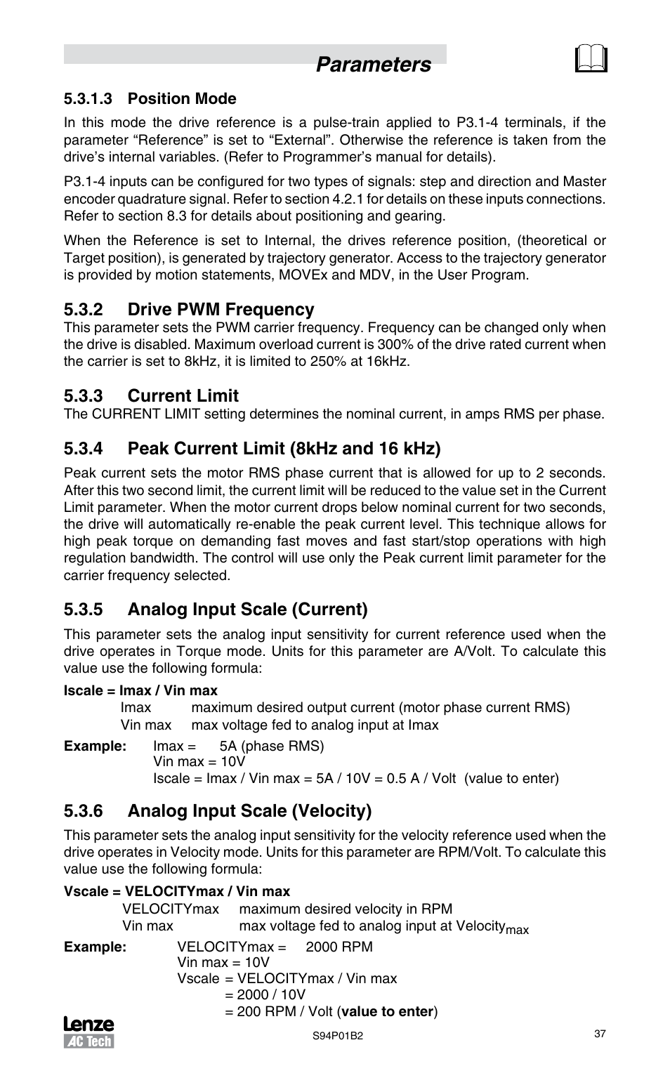 2 drive pwm frequency, 3 current limit, 4 peak current limit (8khz and 16 khz) | 5 analog input scale (current), 6 analog input scale (velocity), Parameters | Lenze S94P01B2 User Manual | Page 39 / 76