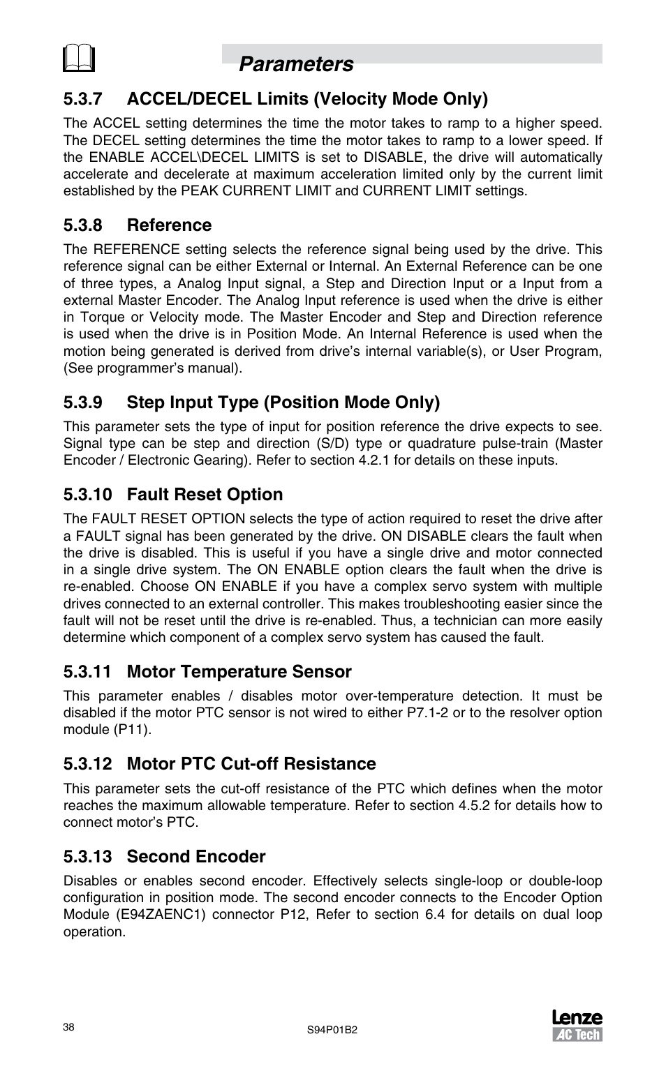 7 accel/decel limits (velocity mode only), 8 reference, 9 step input type (position mode only) | 10 fault reset option, 11 motor temperature sensor, 12 motor ptc cut-off resistance, 13 second encoder, Parameters | Lenze S94P01B2 User Manual | Page 40 / 76