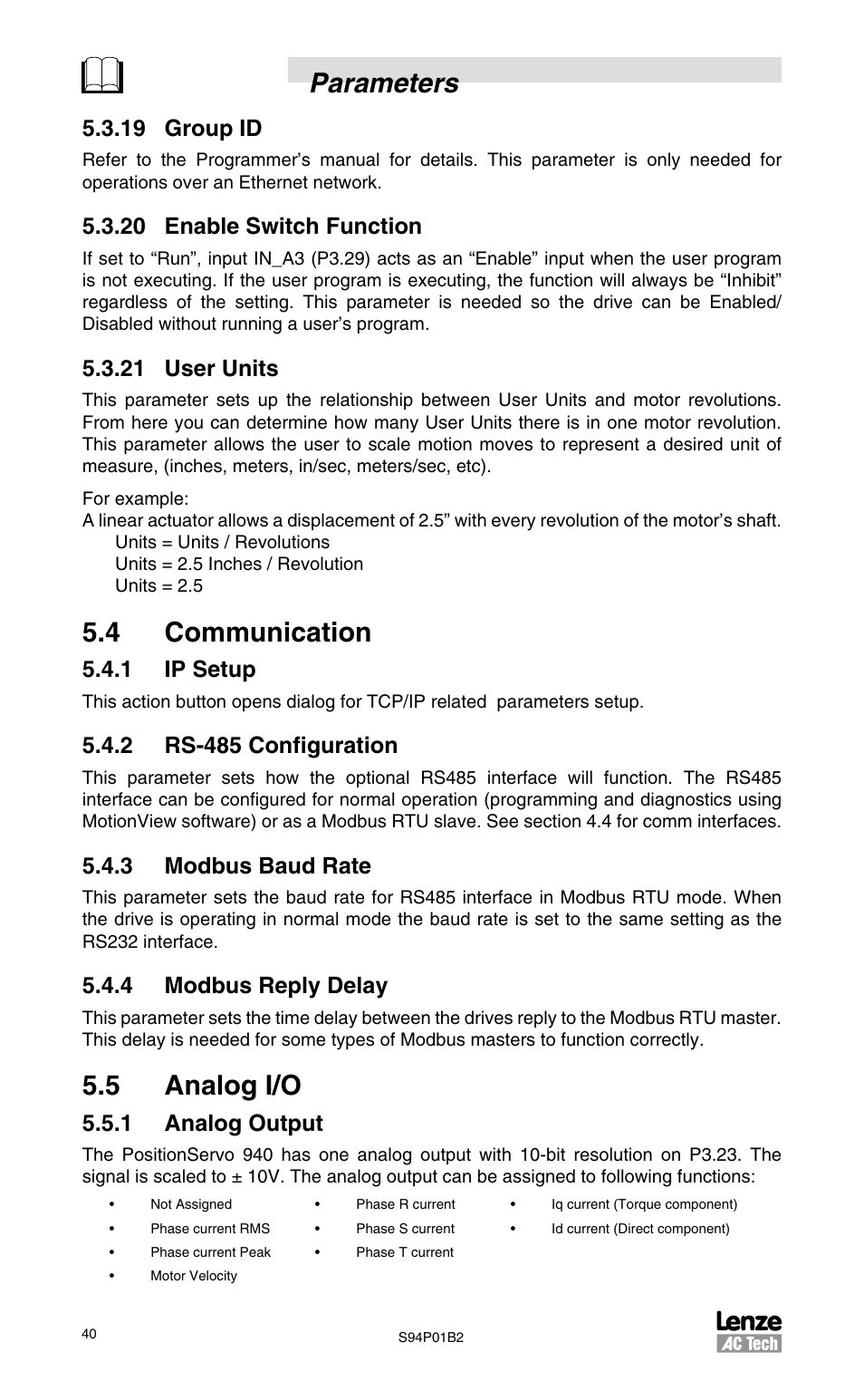 19 group id, 20 enable switch function, 21 user units | 4 communication, 1 ip setup, 2 rs-485 configuration, 3 modbus baud rate, 4 modbus reply delay, 5 analog i/o, 1 analog output | Lenze S94P01B2 User Manual | Page 42 / 76