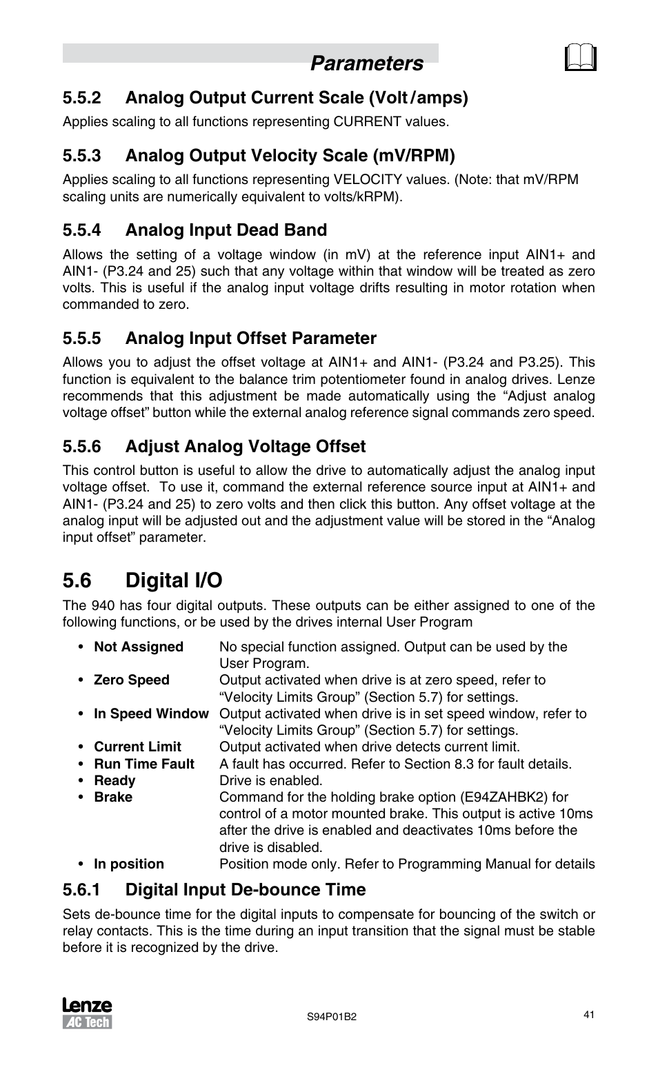 2 analog output current scale (volt / amps), 3 analog output velocity scale (mv/rpm), 4 analog input dead band | 5 analog input offset parameter, 6 adjust analog voltage offset, 6 digital i/o, 1 digital input de-bounce time, Parameters | Lenze S94P01B2 User Manual | Page 43 / 76