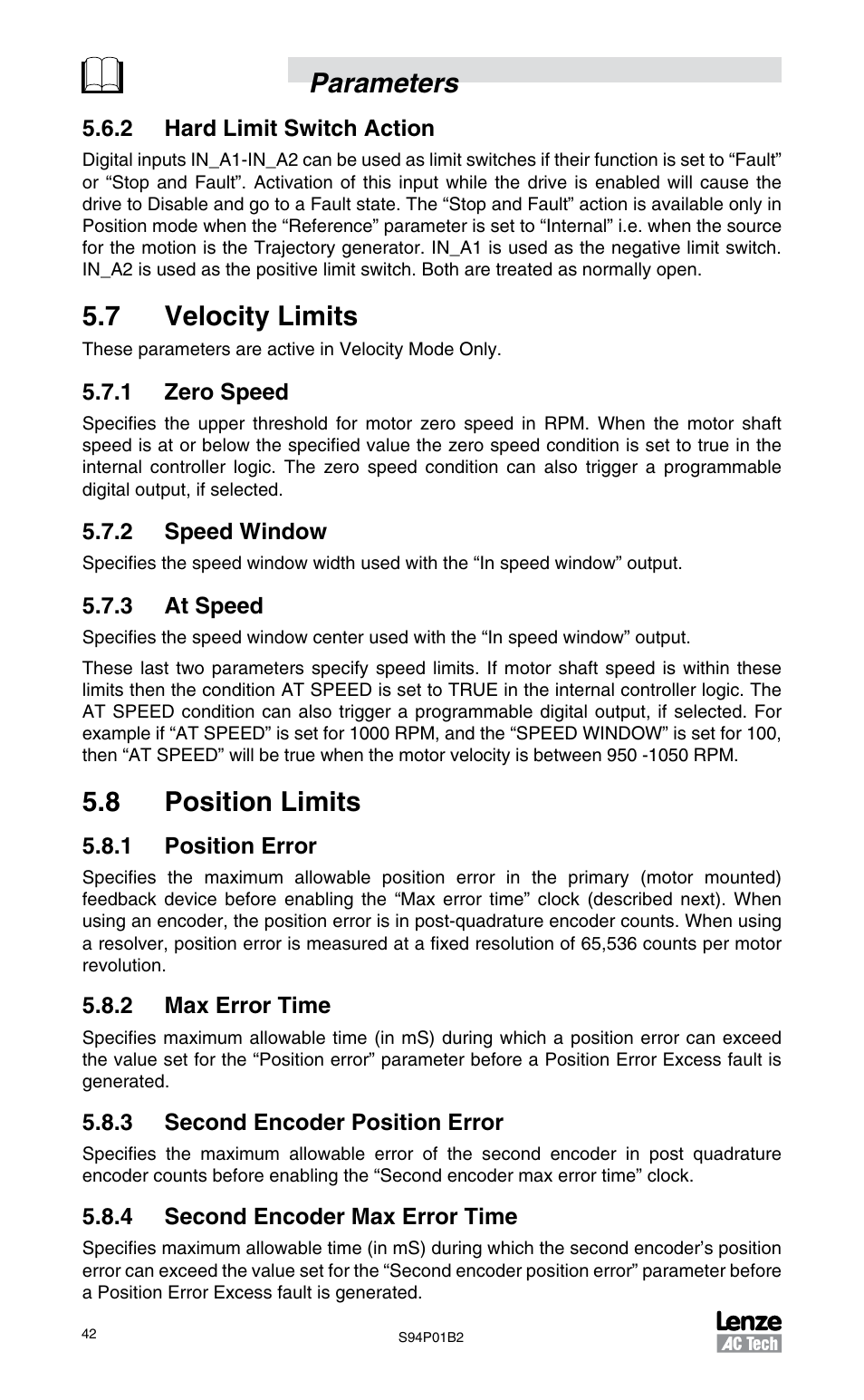 2 hard limit switch action, 7 velocity limits, 1 zero speed | 2 speed window, 3 at speed, 8 position limits, 1 position error, 2 max error time, 3 second encoder position error, 4 second encoder max error time | Lenze S94P01B2 User Manual | Page 44 / 76