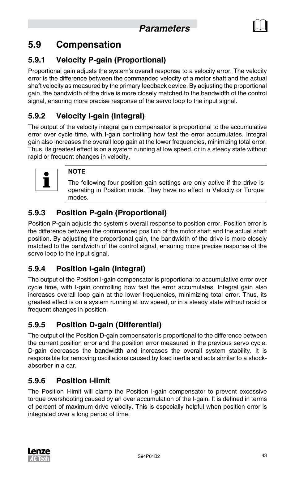 9 compensation, 1 velocity p-gain (proportional), 2 velocity i-gain (integral) | 3 position p-gain (proportional), 4 position i-gain (integral), 5 position d-gain (differential), 6 position i-limit, Parameters 5.9 compensation | Lenze S94P01B2 User Manual | Page 45 / 76